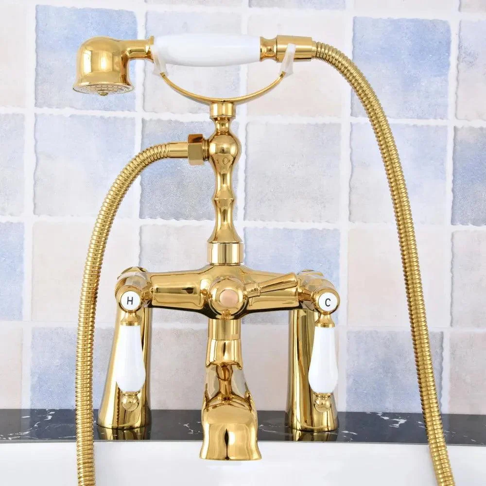 Gold Color Deck Mounted Bathroom Tap Dual Handles Telephone Style -Bathlova