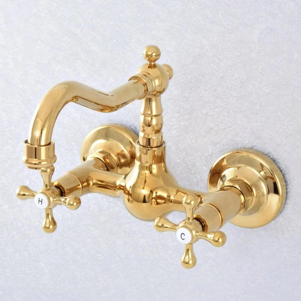 Gold Color Wall Mounted Double Cross Handles Kitchen Sink Tap Swivel -Bathlova