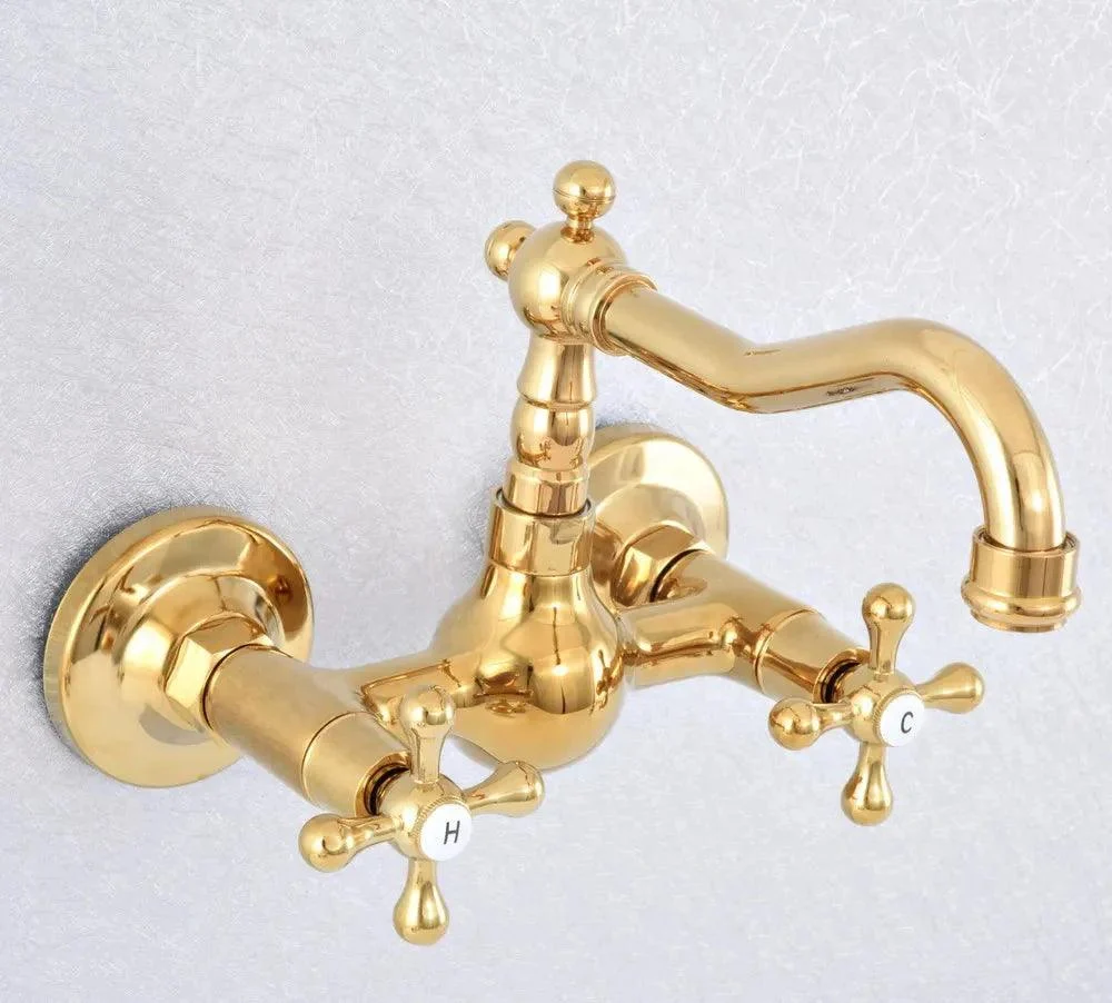 Gold Color Wall Mounted Double Cross Handles Kitchen Sink Tap Swivel -Bathlova