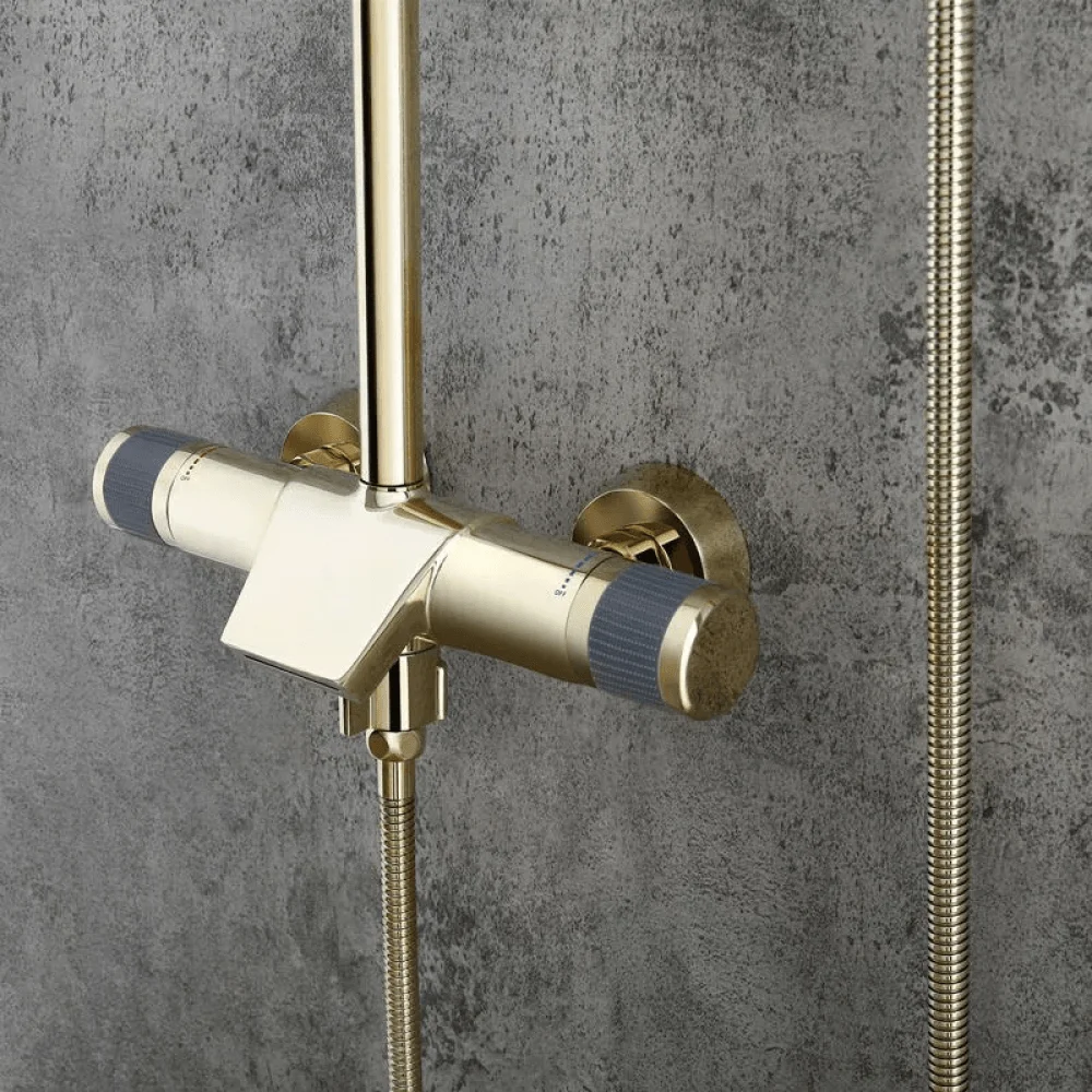 Gold Exposed Rainfall Shower System with Hand Shower & Tub Spout Tap -Bathlova