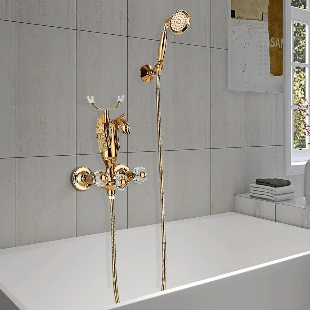 Gold Swan Bathtub Tap Crystal Handle Bath Sets with Hand Shower Mixer Tap -Bathlova