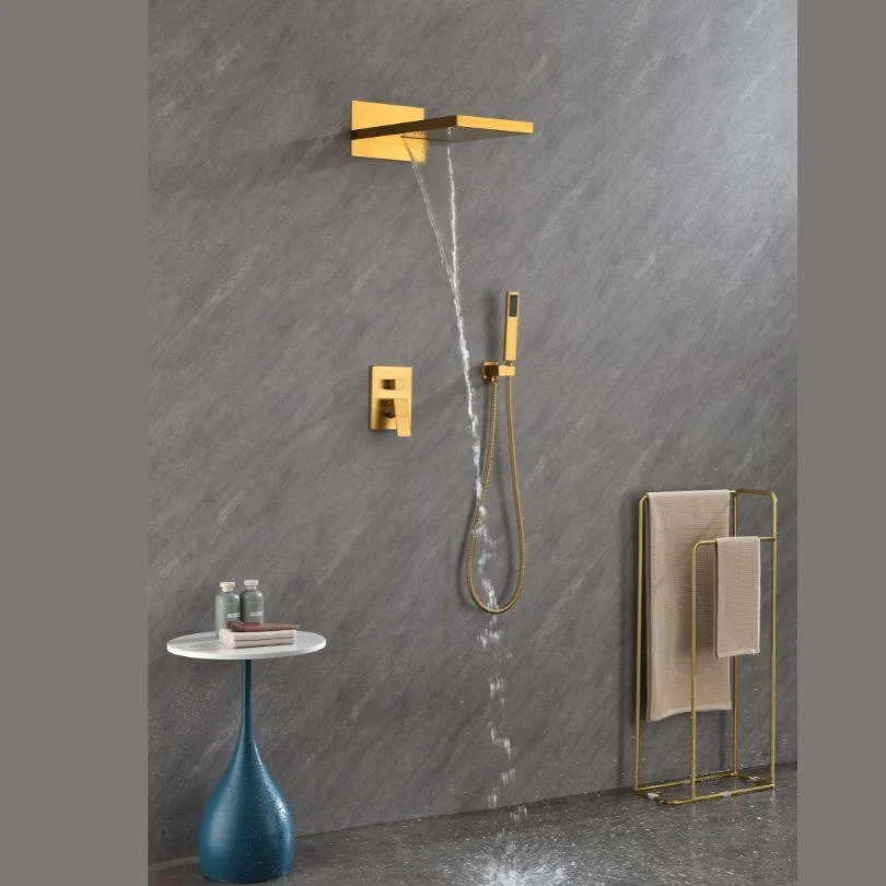 Gold Thermostatic Rectangle Rainfall Shower System with Handheld and Shower Tap Set -Bathlova
