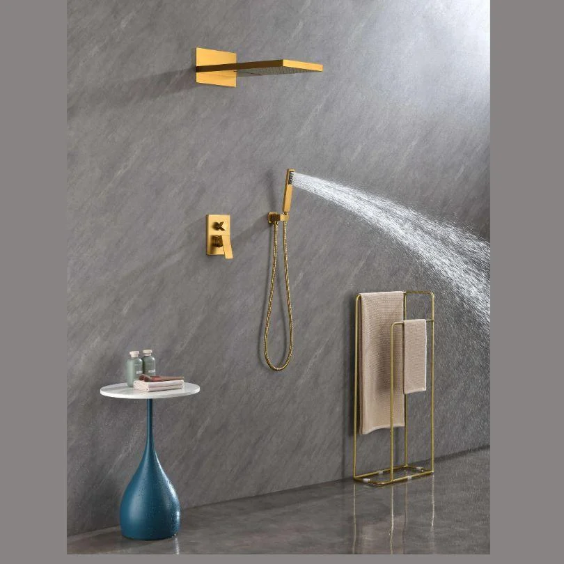 Gold Thermostatic Rectangle Rainfall Shower System with Handheld and Shower Tap Set -Bathlova