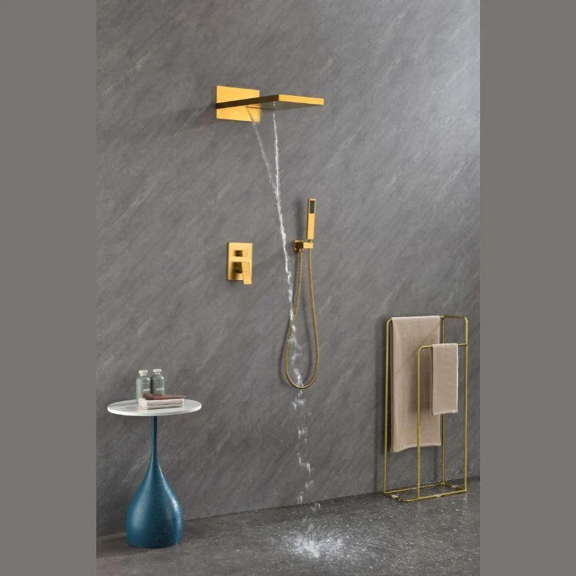 Gold Thermostatic Rectangle Rainfall Shower System with Handheld and Shower Tap Set -Bathlova