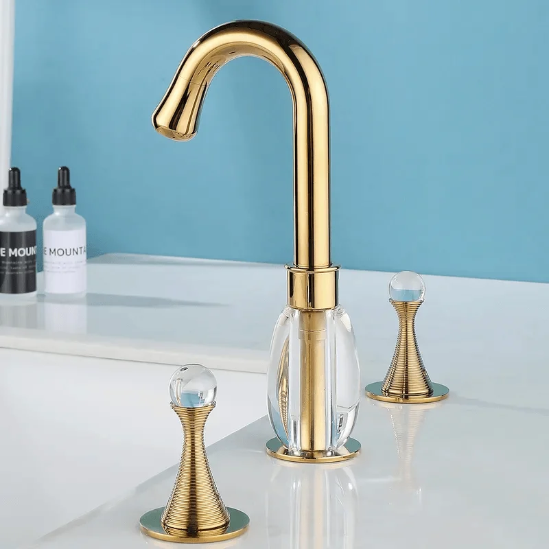 Gold Widespread Bathroom Sink Tap - Double Crystal Handle Solid Brass -Bathlova