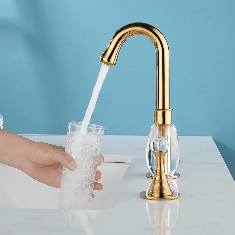 Gold Widespread Bathroom Sink Tap - Double Crystal Handle Solid Brass -Bathlova