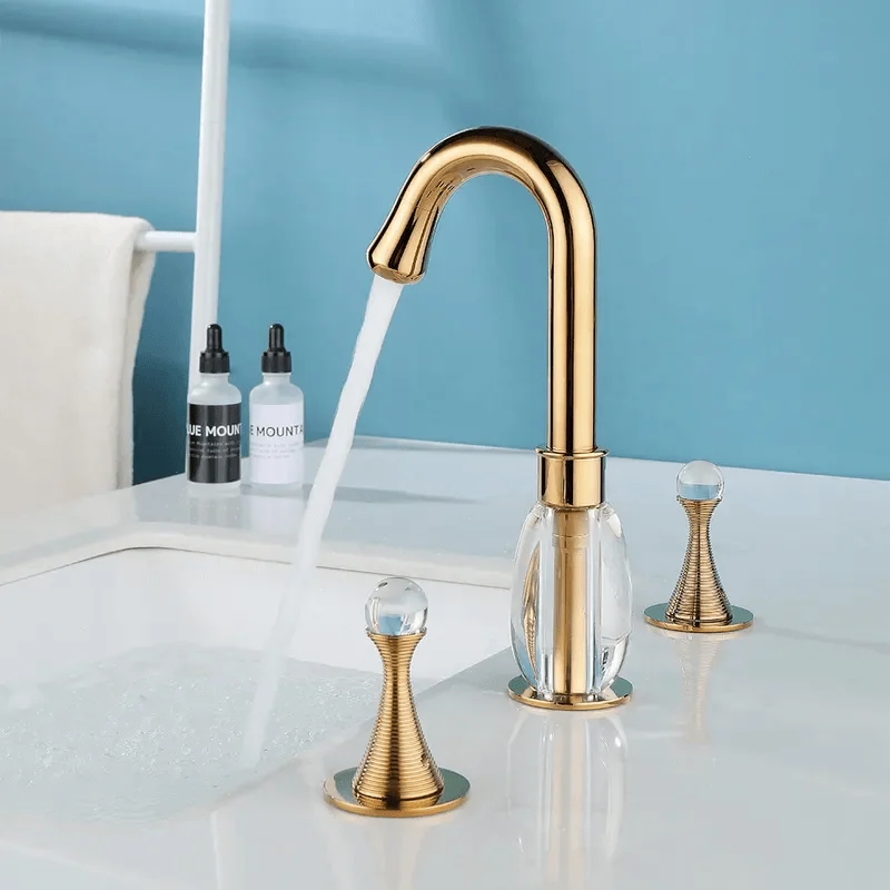 Gold Widespread Bathroom Sink Tap - Double Crystal Handle Solid Brass -Bathlova