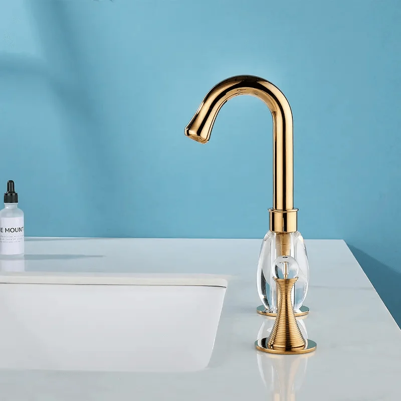 Gold Widespread Bathroom Sink Tap - Double Crystal Handle Solid Brass -Bathlova