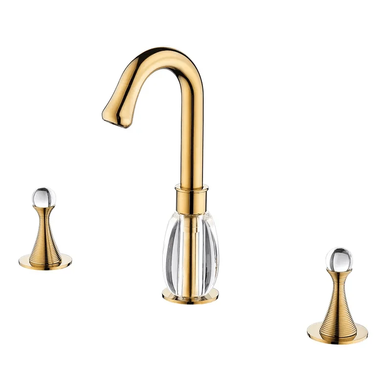 Gold Widespread Bathroom Sink Tap - Double Crystal Handle Solid Brass -Bathlova