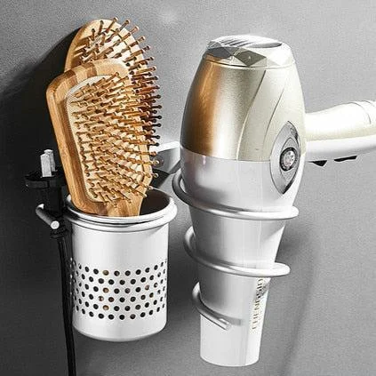 Hair Dryer Holder Space Bathroom Wallshelf Hair Dryer Rack with Basket -Bathlova