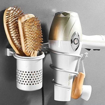 Hair Dryer Holder Space Bathroom Wallshelf Hair Dryer Rack with Basket -Bathlova