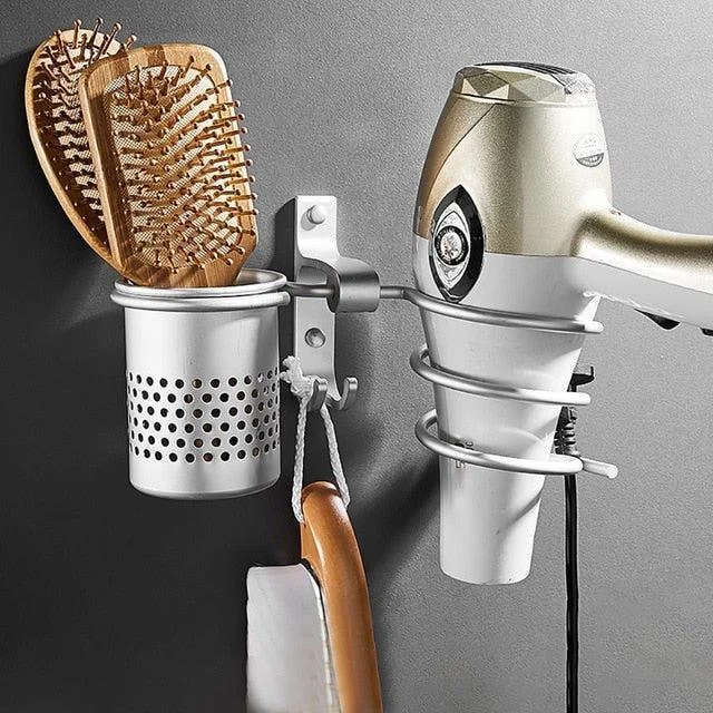 Hair Dryer Rack with Basket Bathroom Wall Shelf Hair Comb Brush Holder -Bathlova