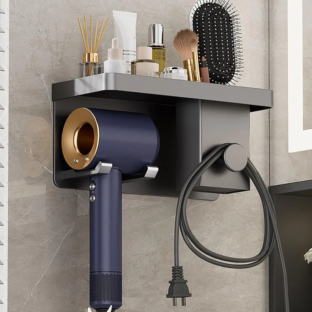 Hair Dryer Stand Wall Holder For Hairdryer Cradle With Storage Tray -Bathlova