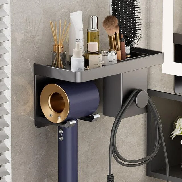 Hair Dryer Stand Wall Holder For Hairdryer Cradle With Storage Tray -Bathlova