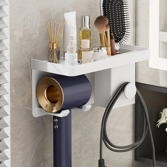 Hair Dryer Stand Wall Holder For Hairdryer Cradle With Storage Tray -Bathlova