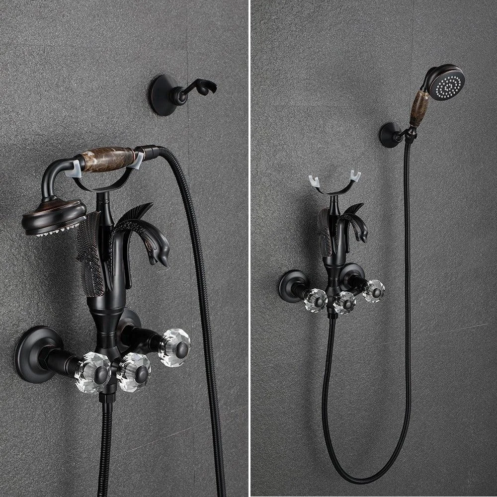 Index Bath Golden Brass Bath Shower Tap Set Wall Mounted Swan Bathroom Tap -Bathlova