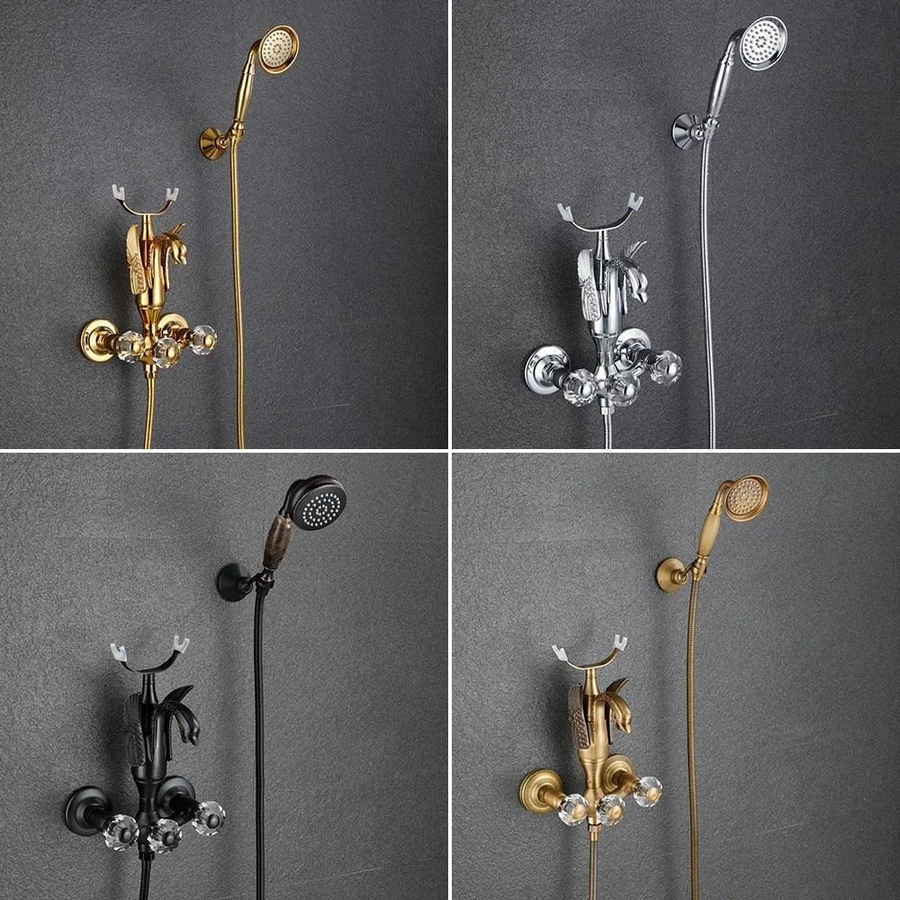 Index Bath Golden Brass Bath Shower Tap Set Wall Mounted Swan Bathroom Tap -Bathlova