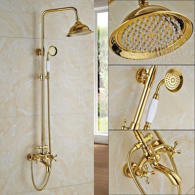 Index Bath Golden Brass Shower Tap With Dual Handle 8' Rainfall Showerhead System Set -Bathlova