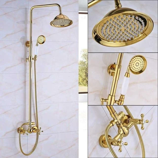 Index Bath Golden Brass Shower Tap With Dual Handle 8' Rainfall Showerhead System Set -Bathlova