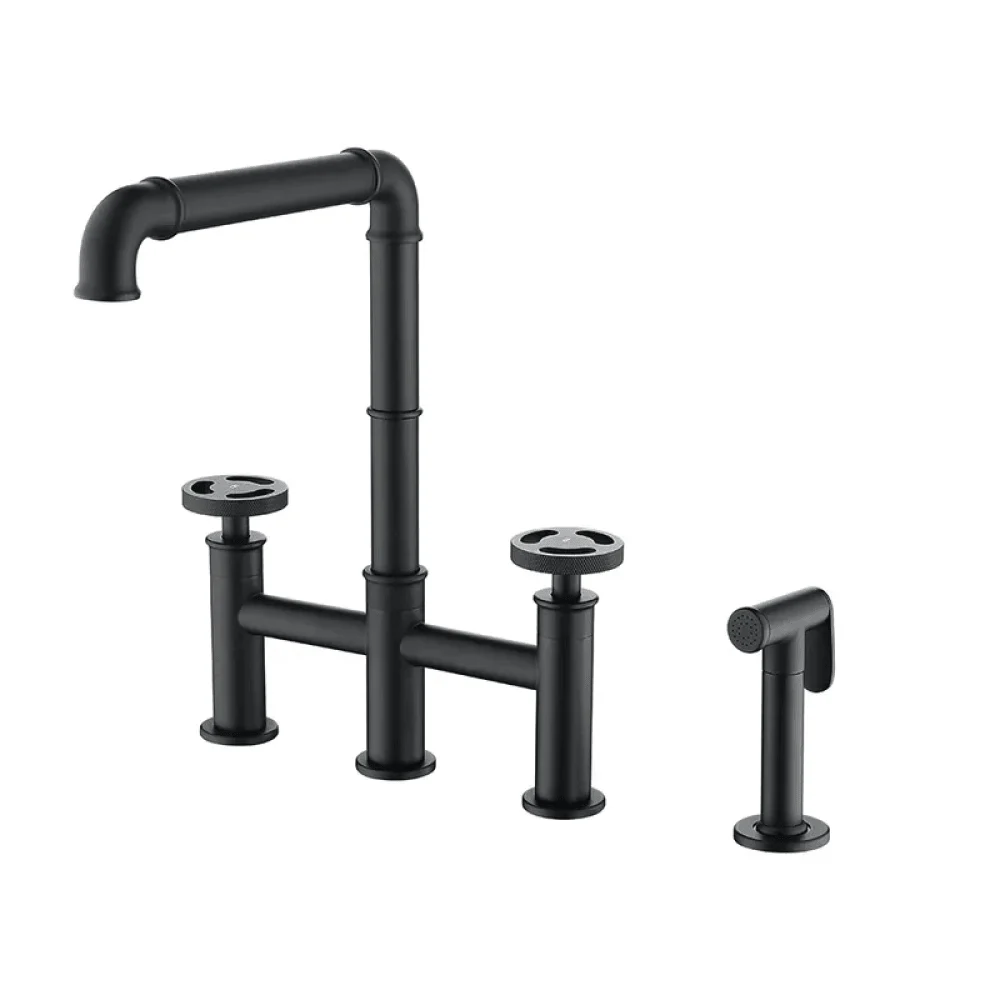 Industrial 2-Handle Center-set Kitchen Tap with 1 Pull-out Sprayer Bridge-Shaped -Bathlova