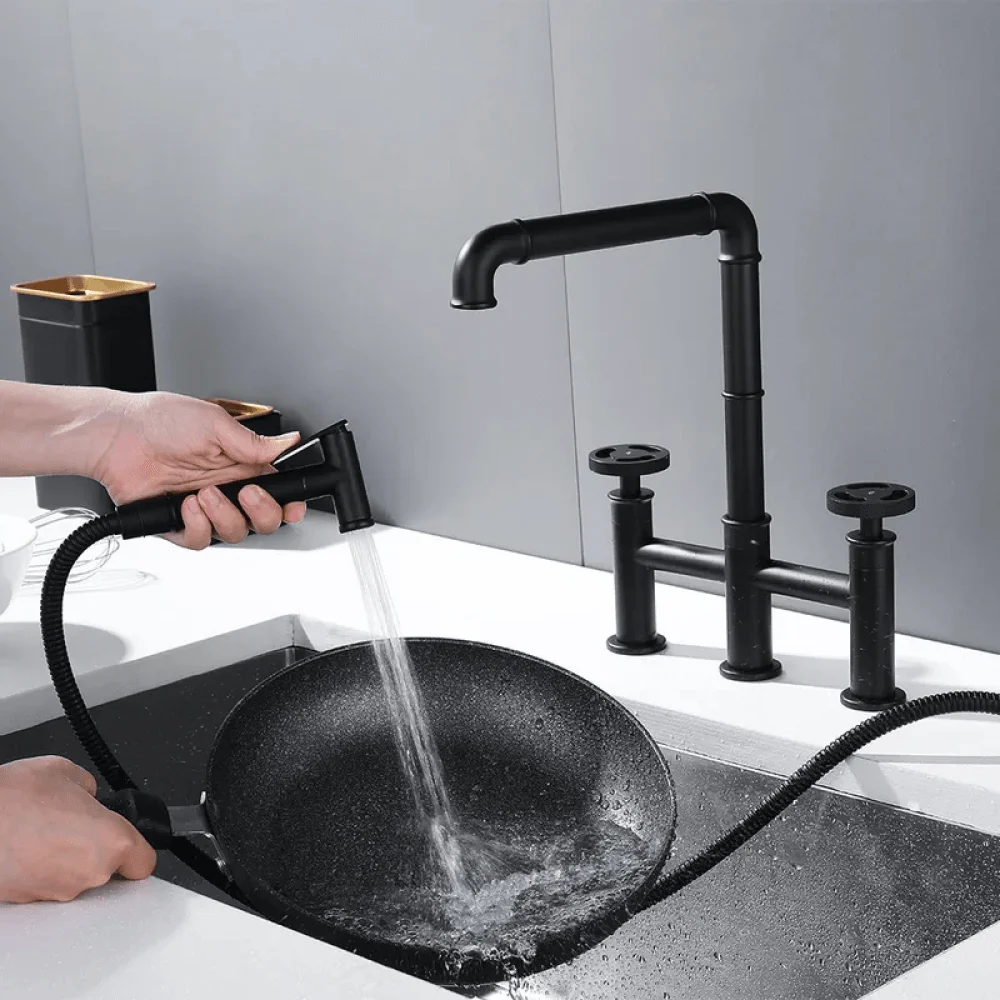 Industrial 2-Handle Center-set Kitchen Tap with 1 Pull-out Sprayer Bridge-Shaped -Bathlova