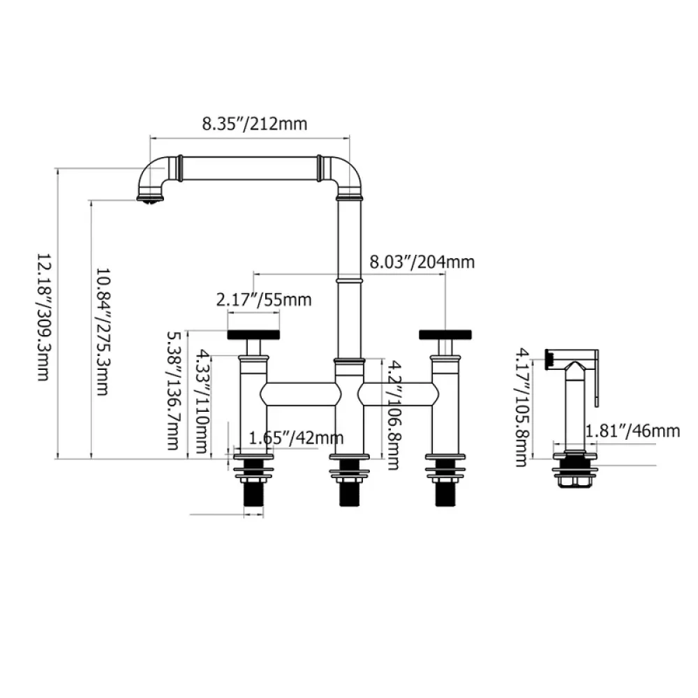 Industrial 2-Handle Center-set Kitchen Tap with 1 Pull-out Sprayer Bridge-Shaped -Bathlova