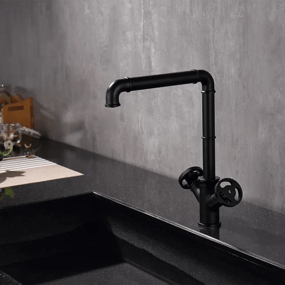 Industrial Matte Black Brass Kitchen Tap - Double Handle -Bathlova