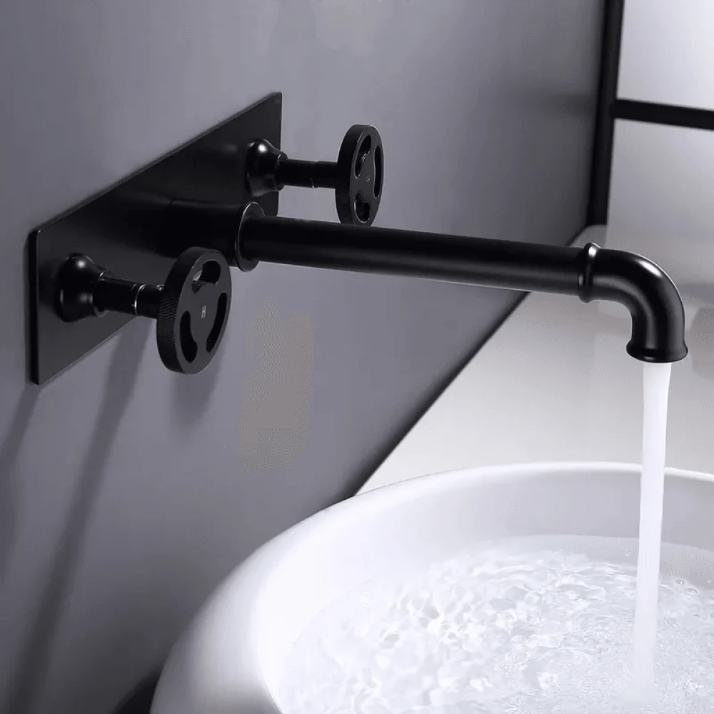 Industrial Pipe Wall Mounted Bathroom Tap in Matte Black - Double Handles Solid Brass -Bathlova