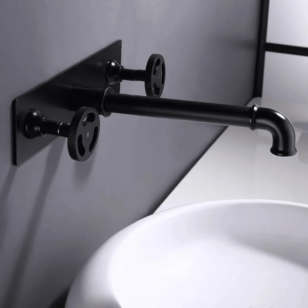 Industrial Pipe Wall Mounted Bathroom Tap in Matte Black - Double Handles Solid Brass -Bathlova