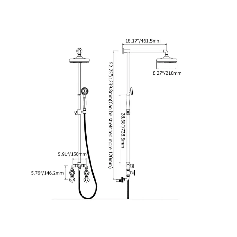 Industrial Style Wall-Mounted Shower System in Black - 2-function -Bathlova