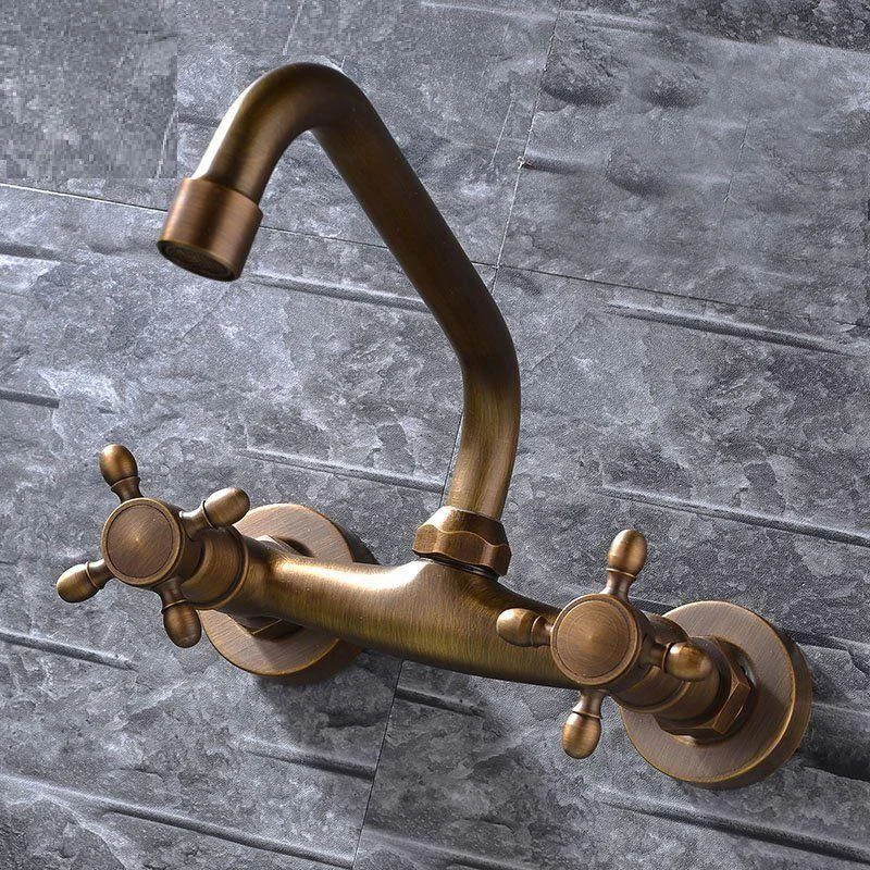 Industrial Tub Spout Trim Wall Mounted Full Copper Dual Cross Handle Low Arc Tub Tap -Bathlova