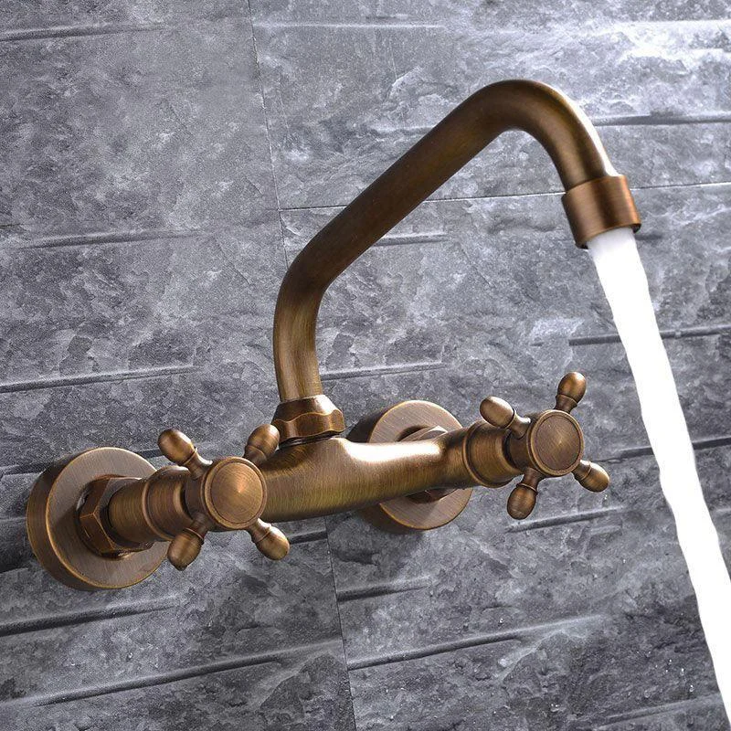 Industrial Tub Spout Trim Wall Mounted Full Copper Dual Cross Handle Low Arc Tub Tap -Bathlova