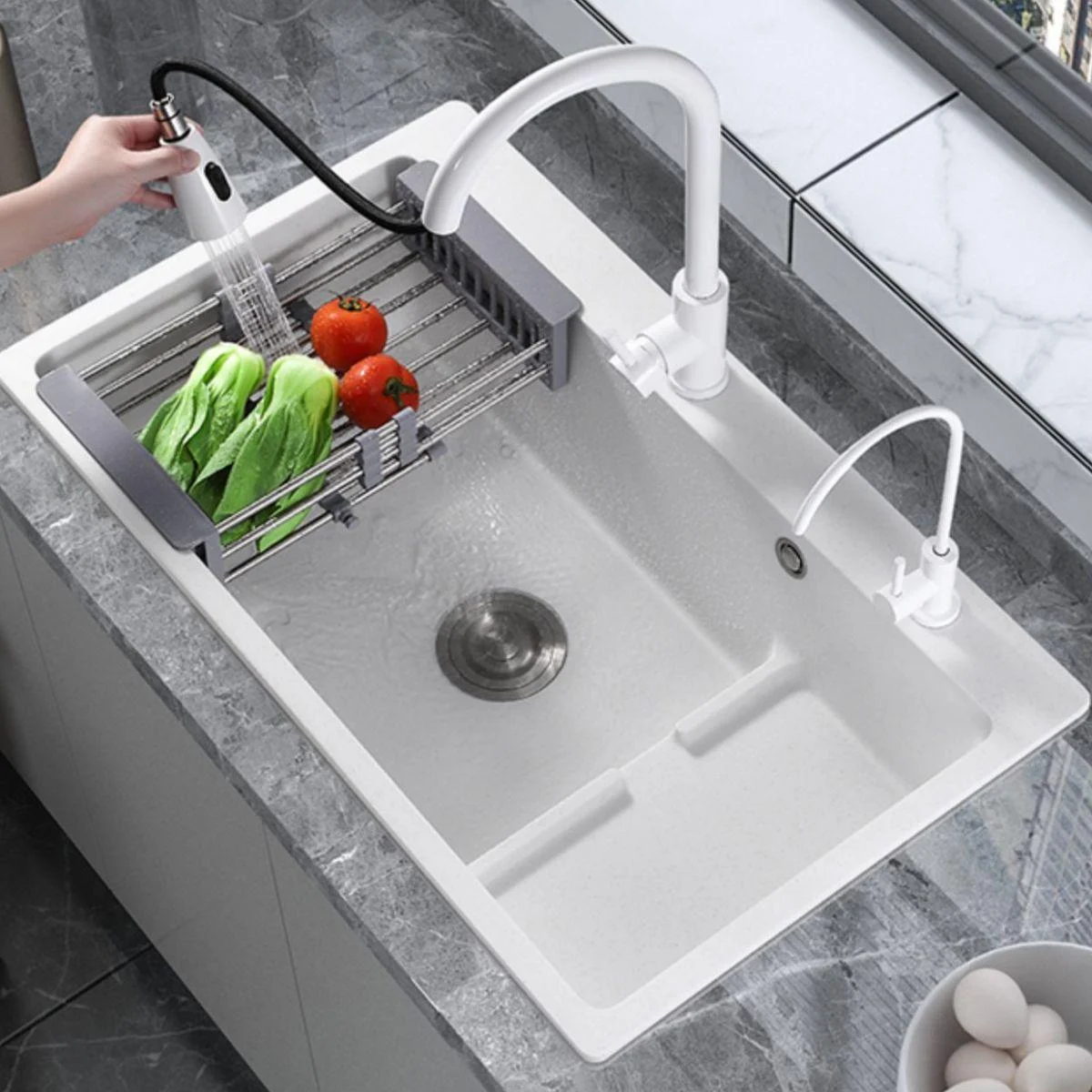 Kitchen Ceramic Sink Rectangular Anti-spill Pull-out Tap Ceramic Sink -Bathlova