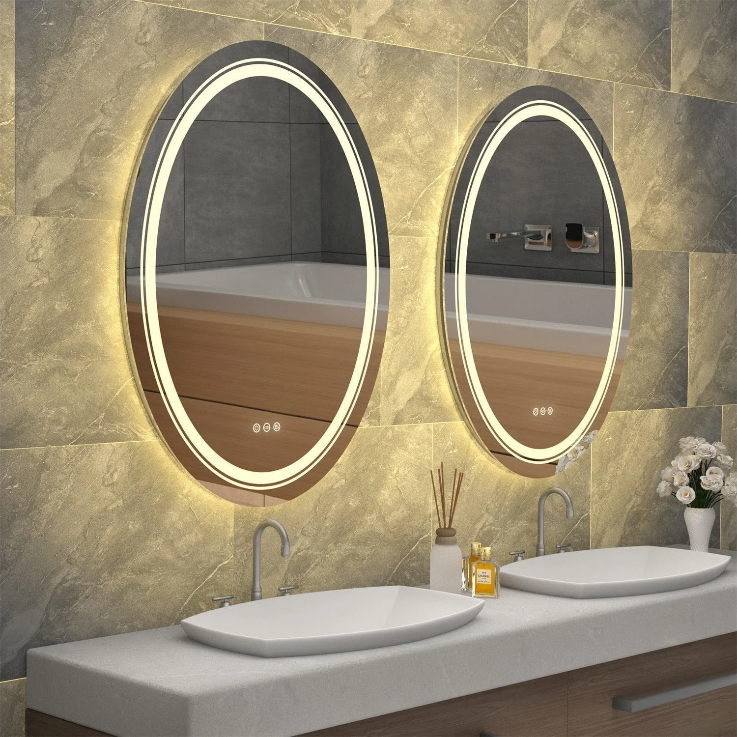 LED Bathroom Mirror Dimmable Light Wall Mounted Mirror with Demist -Bathlova