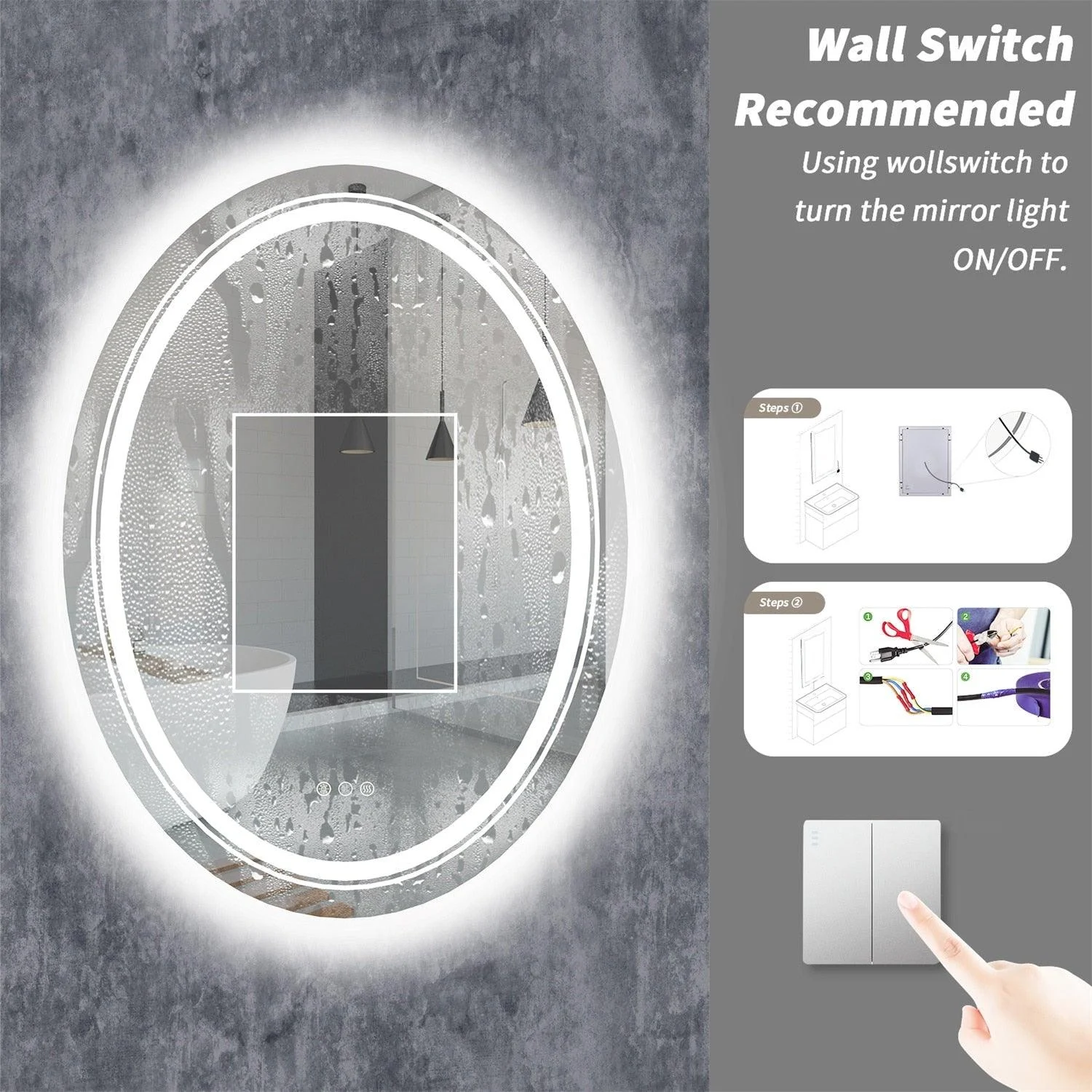 LED Bathroom Mirror Dimmable Light Wall Mounted Mirror with Demist -Bathlova