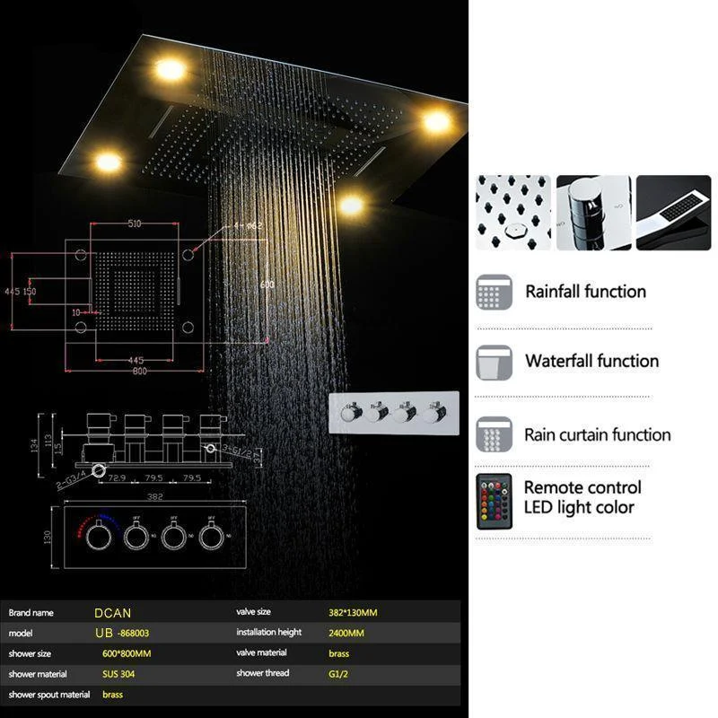 LED Ceiling Mount Rain Waterfall Shower Head Set -Bathlova