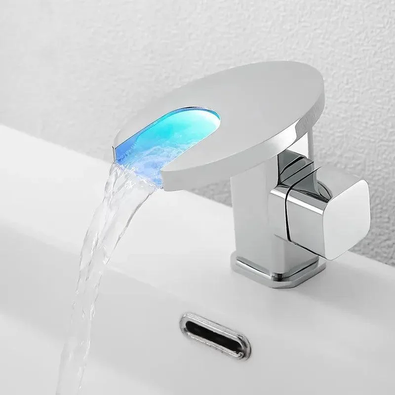 LED Waterfall Bathroom Sink Tap with Single Handle Round Spout -Bathlova