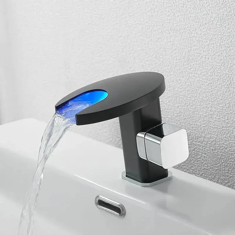 LED Waterfall Bathroom Sink Tap with Single Handle Round Spout -Bathlova