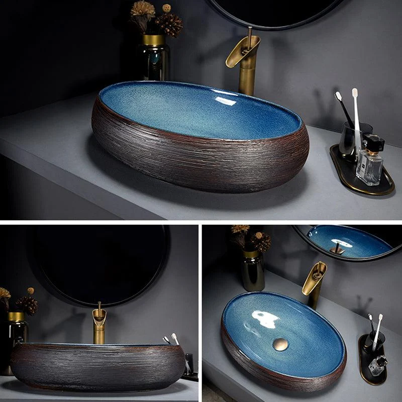 Modern Bathroom Sink Vitreous China Hand Painted Oval Vessel Lavatory Sink -Bathlova