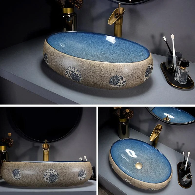 Modern Bathroom Sink Vitreous China Hand Painted Oval Vessel Lavatory Sink -Bathlova