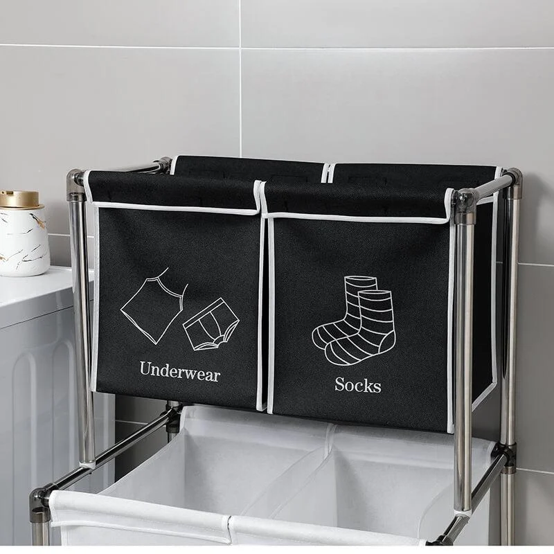 Modern Black and White 2-Tier Laundry Sorter with 4 Tagged Sections -Bathlova