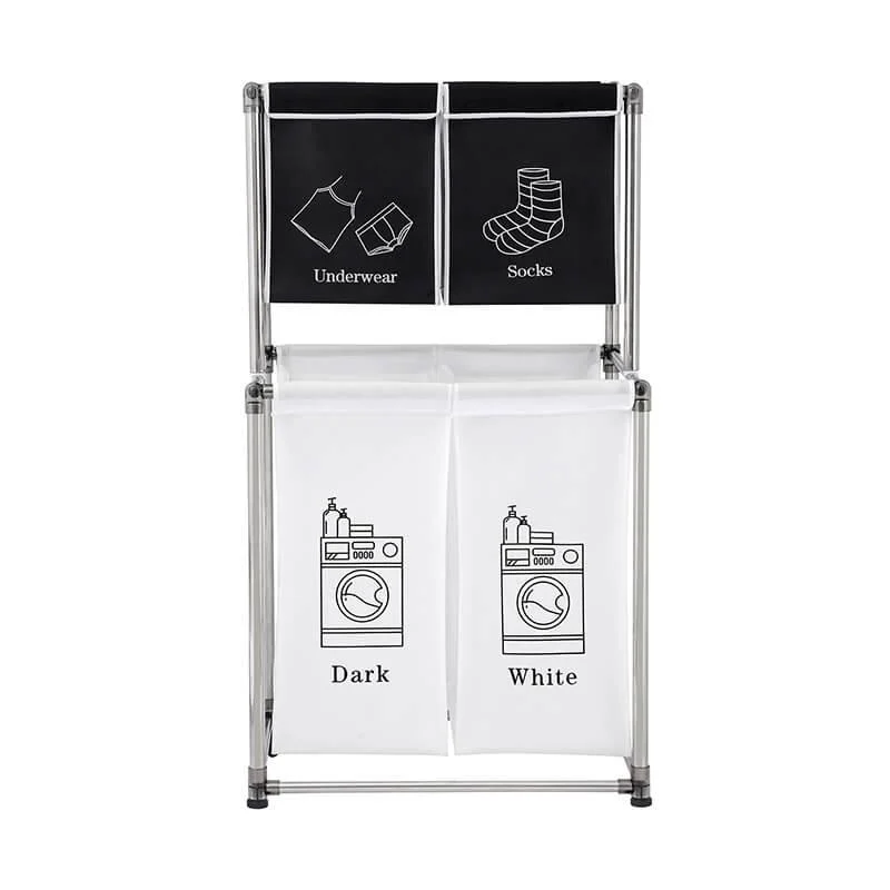 Modern Black and White 2-Tier Laundry Sorter with 4 Tagged Sections -Bathlova