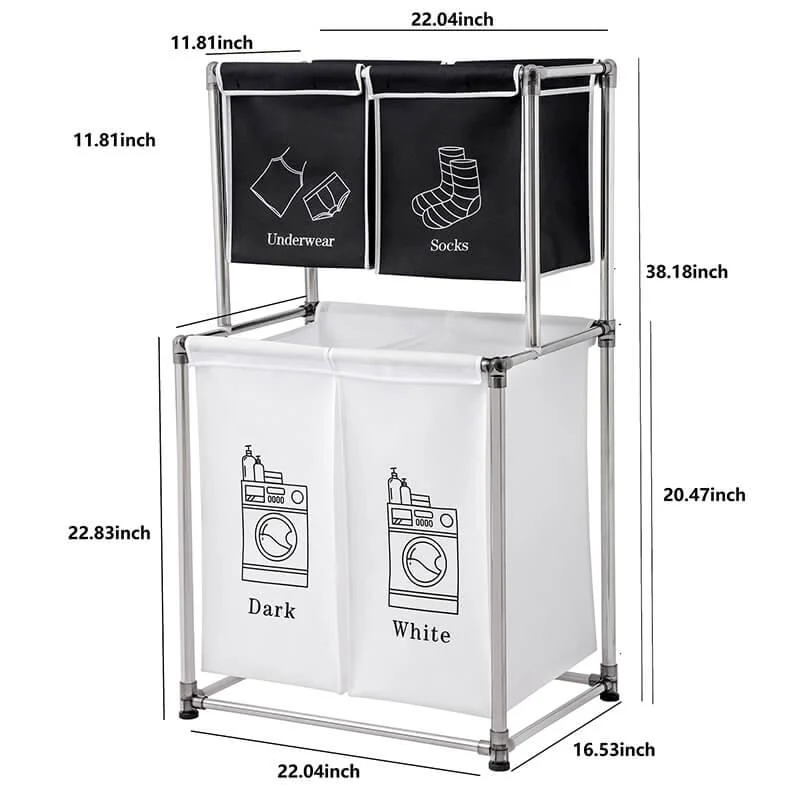 Modern Black and White 2-Tier Laundry Sorter with 4 Tagged Sections -Bathlova