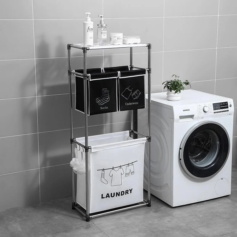 Modern Black and White 3-Tier Laundry Hamper with Top Shelf, 4 Laundry Bags & 3 Hooks -Bathlova