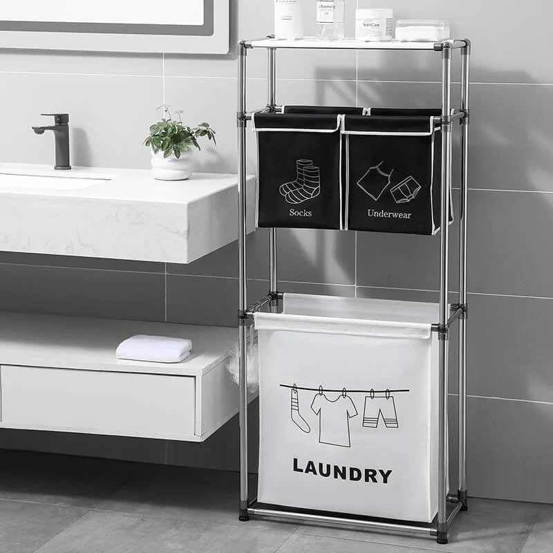 Modern Black and White 3-Tier Laundry Hamper with Top Shelf, 4 Laundry Bags & 3 Hooks -Bathlova