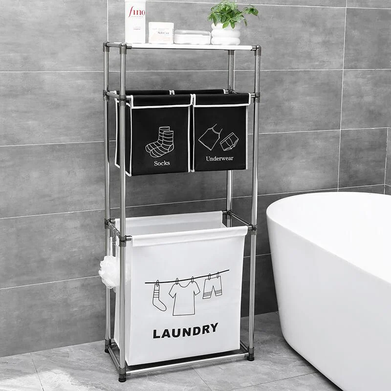 Modern Black and White 3-Tier Laundry Hamper with Top Shelf, 4 Laundry Bags & 3 Hooks -Bathlova