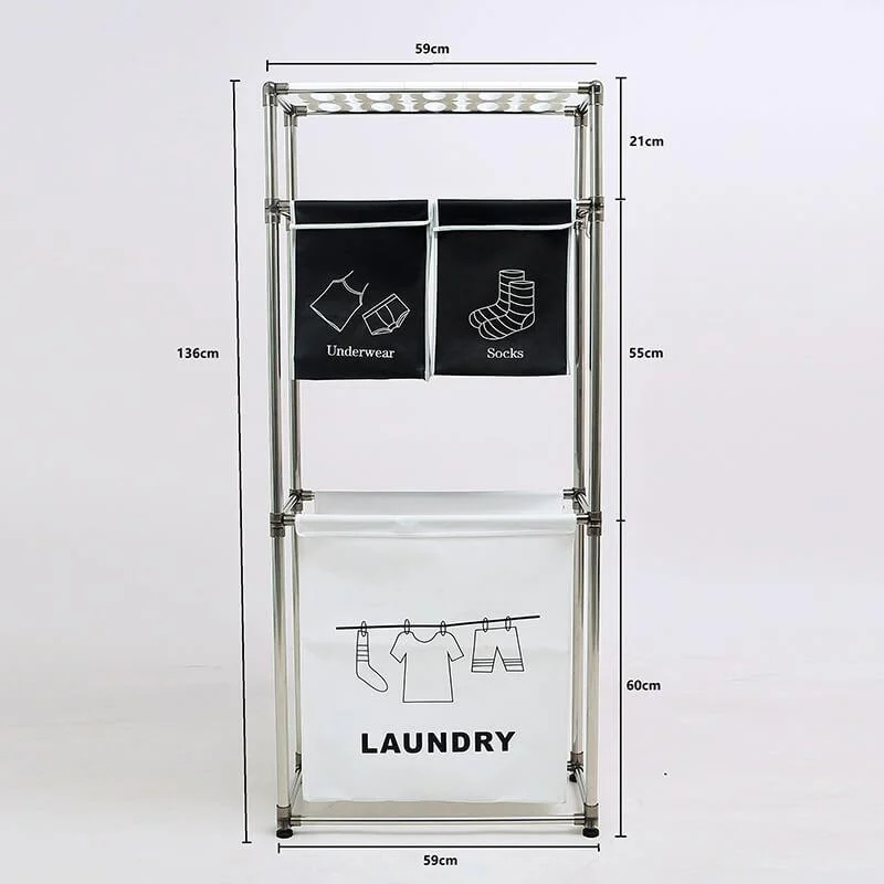 Modern Black and White 3-Tier Laundry Hamper with Top Shelf, 4 Laundry Bags & 3 Hooks -Bathlova