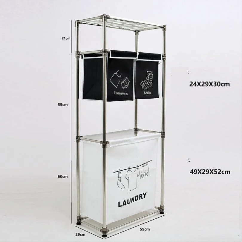 Modern Black and White 3-Tier Laundry Hamper with Top Shelf, 4 Laundry Bags & 3 Hooks -Bathlova