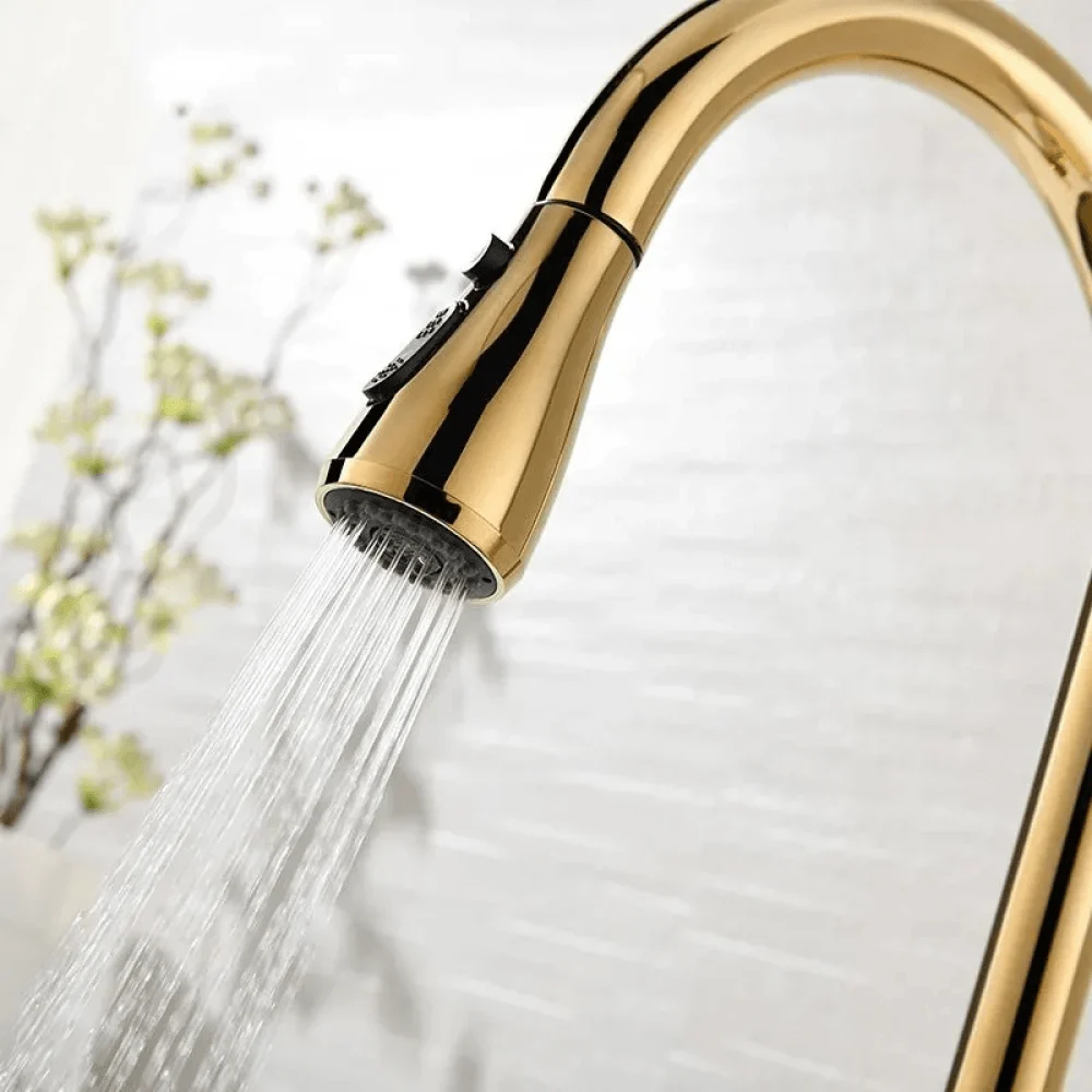 Modern Brass Single Handle Kitchen Tap with Pull Out Spray in Gold -Bathlova