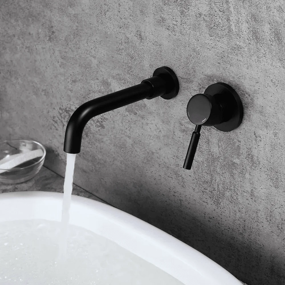 Modern Brass Wall-Mount Bathroom Tap with Single Handle in Matte Black Sink -Bathlova